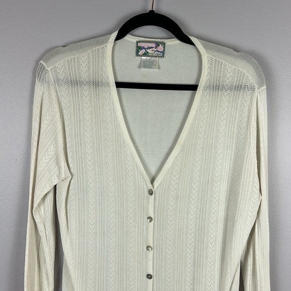 Vintage April Cornell Delicate Rayon Long Sleeve Cardigan Sweater Large Cream - Picture 3 of 12